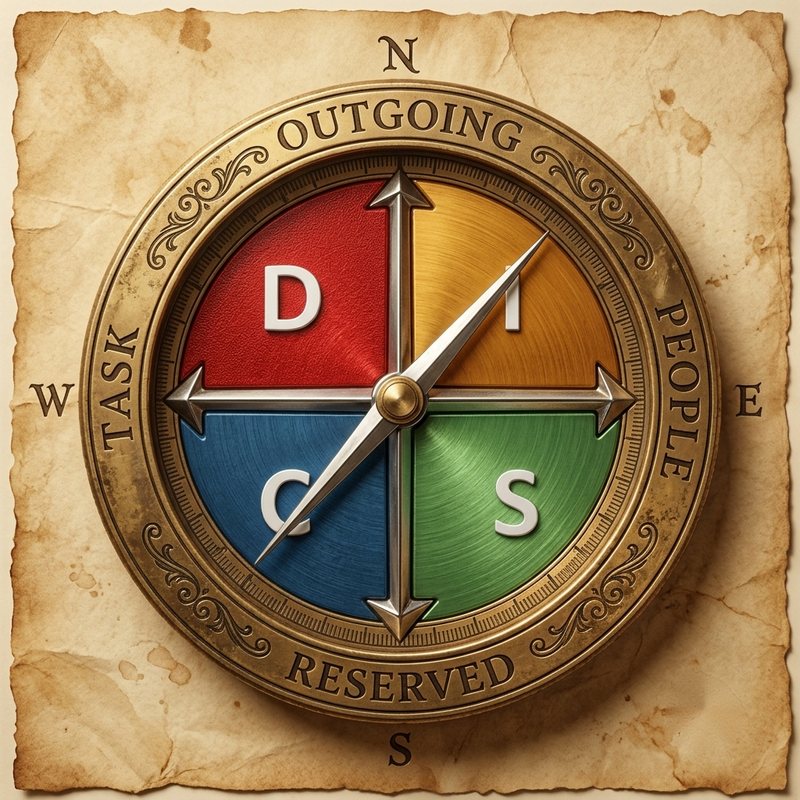 An antique brass compass engraved with the four DISC quadrants — Dominance in red, Influence in amber, Steadiness in green, and Conscientiousness in blue — resting on aged parchment.